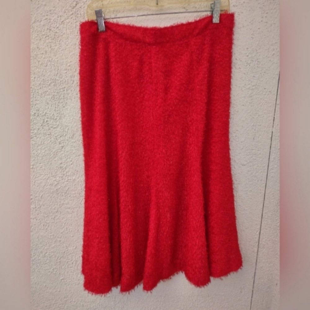 Vintage Red Fuzzy Knit Midi Skirt A-Line Holiday Fit Retro Chic Fall Winter 4-6 - Picture 4 of 17